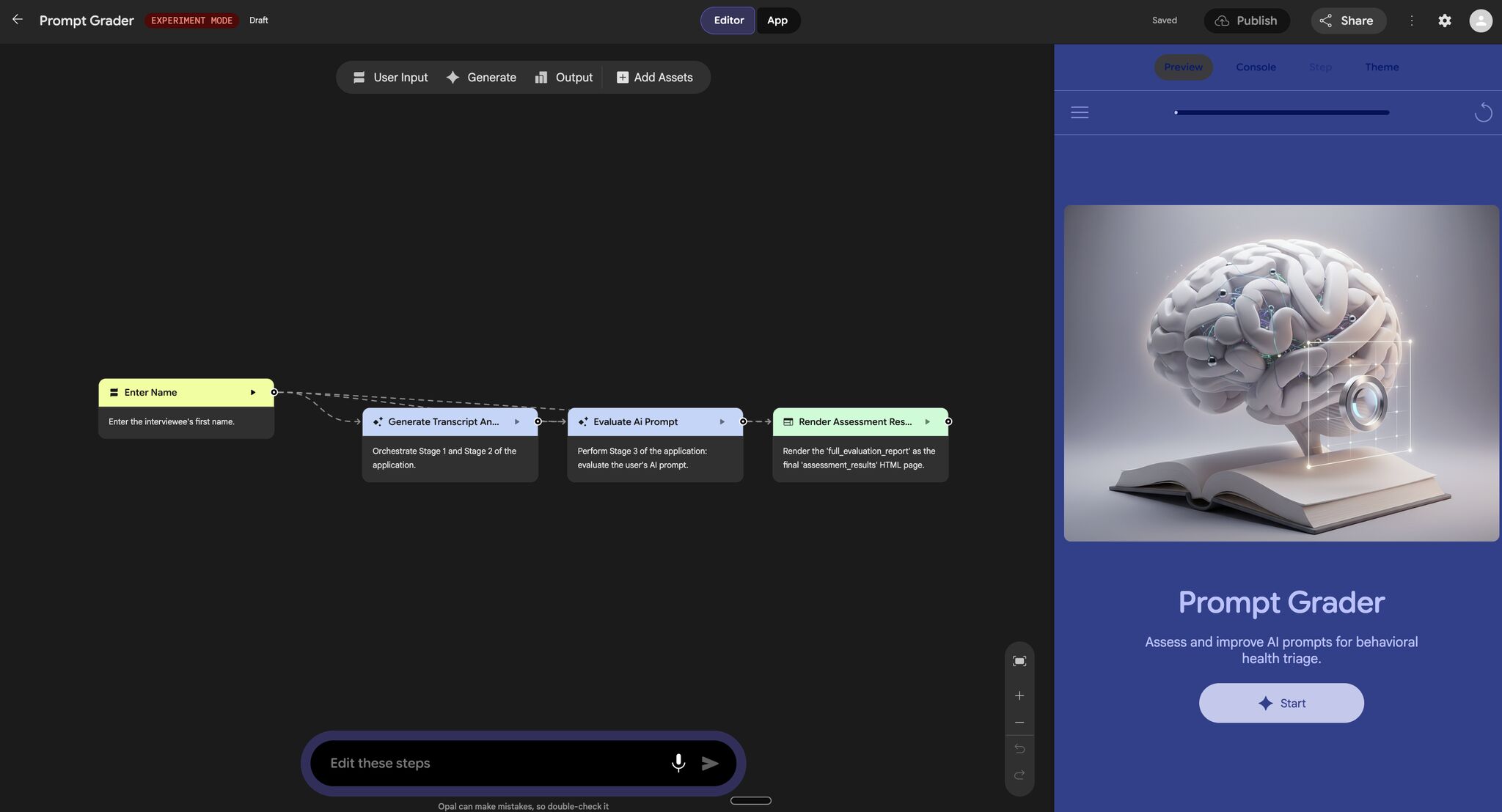 Prompt Grader agentic workflow in Google Opal with nodes for transcript generation, AI evaluation, and report rendering.