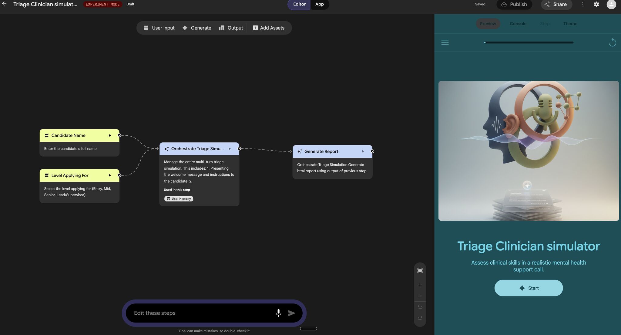 Triage Clinician Simulator workflow in Google Opal with candidate input, triage simulation, and report generation nodes.